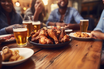 People enjoying a delicious meal, chicken wings and french fries while dining out - obrazy, fototapety, plakaty