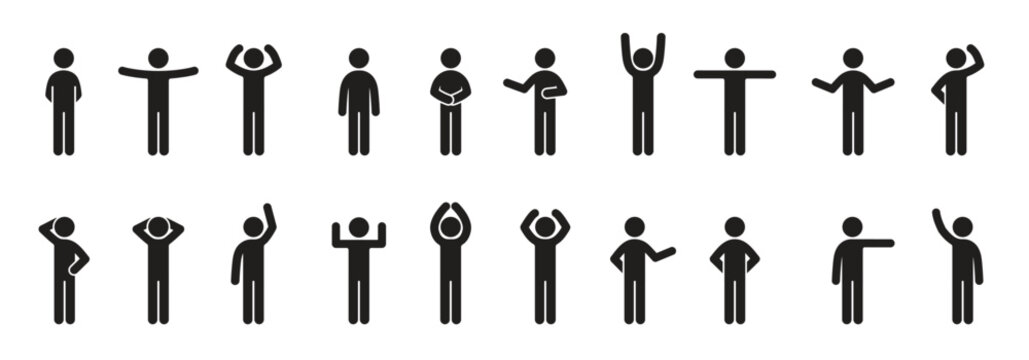 Different poses stick figure people pictogram icon set, Vector illustration. 