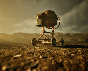 Concrete mixer on a deserted construction site in golden hour sunlight.