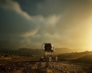Concrete mixer on an abandoned construction site in golden hour sunlight. - obrazy, fototapety, plakaty