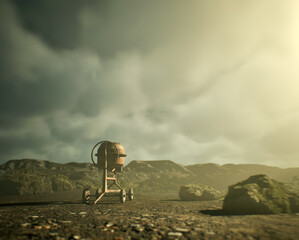Concrete mixer on an abandoned construction site in golden hour sunlight.