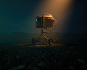 Concrete mixer in a beam of light on an abandoned construction site at night.