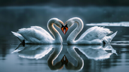 two beautiful swans on a lake shape heart with their long necks and kiss each other. romantic postal card. pc desktop wallpaper background - obrazy, fototapety, plakaty