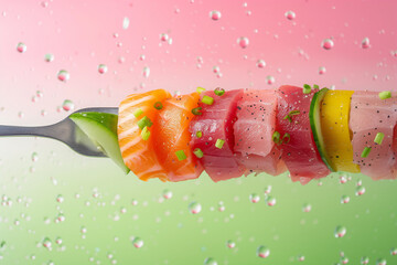 Sliced sushi made from meat, vegetables and sliced vegetables on a fork. Light green and pink combination.