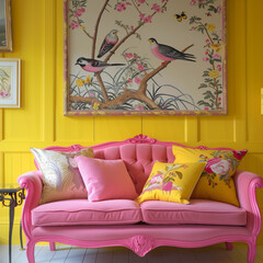 Stylish pink sofa in a vibrant yellow room with framed bird artwork. Interior design inspiration.