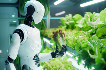 Robot holding a fresh salas in hall with vertical farming - 733972241