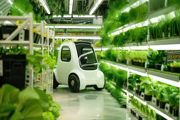 Small electric vehicle in hall with vertical farming - 733972276