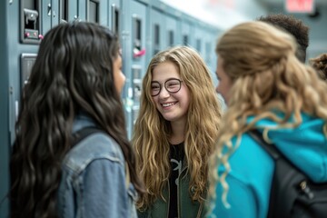Female high school students chatting by lockers.