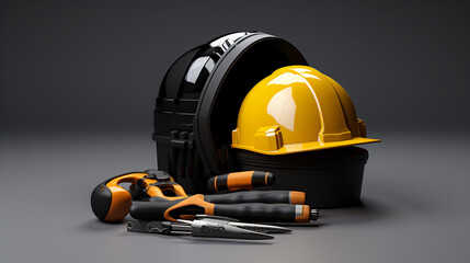 Safety helmet with tools in the black container.