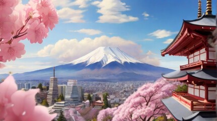 Cherry blossoms in spring and Chureito pagoda on Fuji mountain background - obrazy, fototapety, plakaty