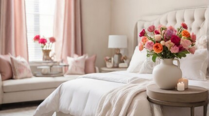 Bedroom interior featuring a white vase brimming with lush blooms