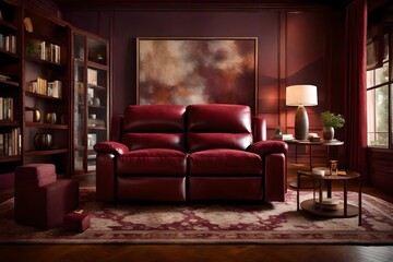 A plush maroon recliner highlighted by warm ambient lighting.