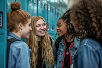 Female high school students chatting by lockers.