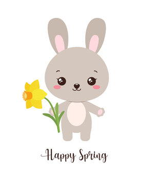Adorable cute rabbit spring vector illustration. Kawaii bunny holding daffodil flower. Hello spring text. Easter greeting card, poster, invitation, sticker. Playful tender character for cute designs.