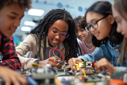 Diverse high school students building electronic circuits