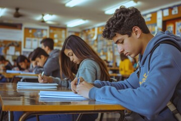 High school students taking an exam in a classroom. - obrazy, fototapety, plakaty