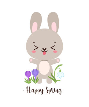 Cute rabbit kawaii spring vector illustration. Easter bunny with crocus flowers. For spring greeting card, poster, invitation. Hello spring text. Playful and tender graphic for kids and young adults.