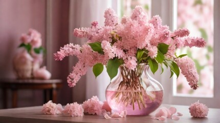 Bouquet of light pink lilac flowers arranged in a vase