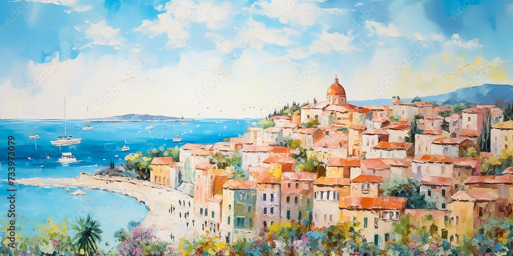 Sticker panorama of summer seaside cityscape. horizontal oil painting