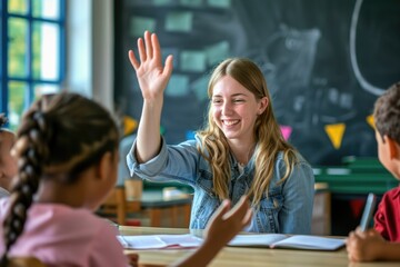 Happy teacher giving highfive to student in classroom. - obrazy, fototapety, plakaty