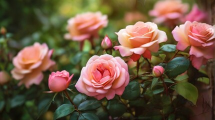Rose bush in full bloom, its vibrant flowers and lush greenery contrasting beautifully with the softly blurred background - obrazy, fototapety, plakaty