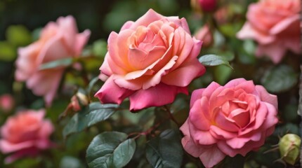 Rose bush in full bloom, its vibrant flowers and lush greenery contrasting beautifully with the softly blurred background