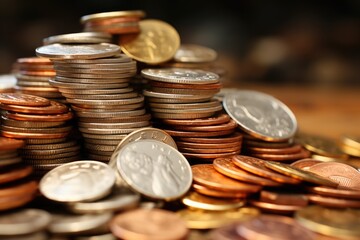 Set of gold coins in different positions. ai generated