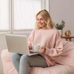 Fototapeta premium Office at home girl at laptop. Young woman, using laptop remote working at home office looking at computer communicating by video call.He is sitting on the sofa against a background of plants.