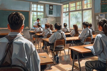 High school students seeking guidance from teacher