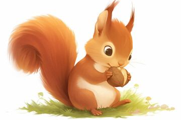 Illustration of a cute, brown squirrel holding an acorn, isolated on white background
