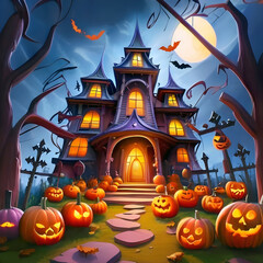 Free Photo Halloween house with pumpkins and bats Ai generated 