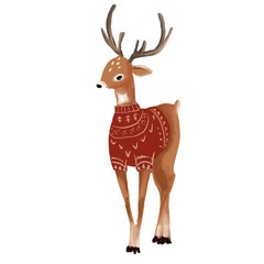 Cute deer with sweater. Illustration for postcard, banners, web.