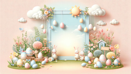 Fototapeta na wymiar Enchanted Easter: Bunnies and Eggs in a Pastel Spring Wonderland