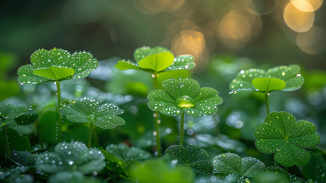 Three-leaf lucky grass with water drops on the leaves. Green nature background. - Powered by Adobe