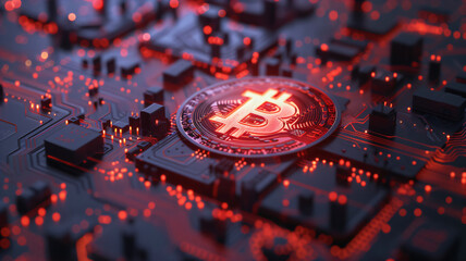 Fototapeta na wymiar virtual digital economy and cryptocurrency, circuit board technology background with bitcoin symbol