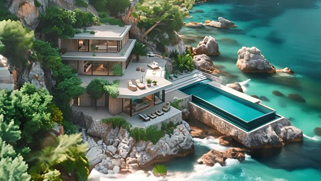Luxury beach house with sea view swimming pool and terrace in modern design. Lounge chairs on wooden floor deck at vacation home or hotel. 3d illustration of contemporary holiday villa exterior. 