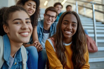 Fototapeta premium Happy multiethnic students laughing on high school stairs.