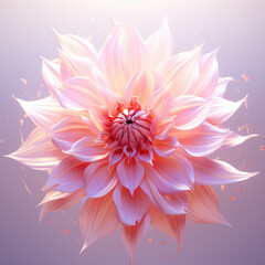 A radiant, digitally-rendered Dahlia flower in full bloom, exhibiting a gradient of soft pink to vibrant coral hues against a subtle purple backdrop.