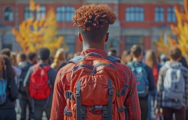 Fototapeta premium A black college student returning to class amid a large group of peers