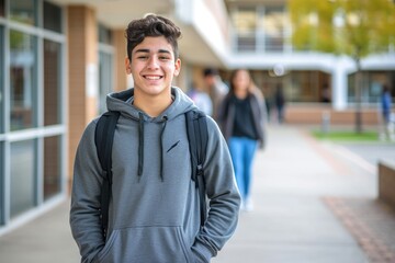 Smiling male student poses in high school campus.