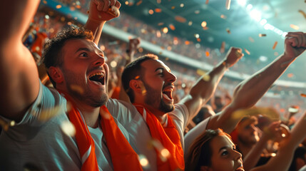 Group of fans are cheering for their team victory. Sport fans cheer and celebrating a winning...