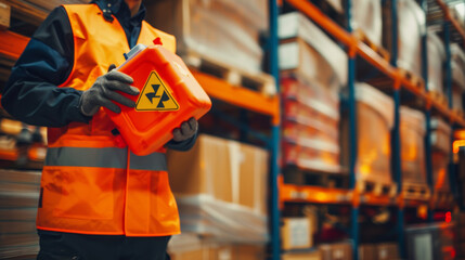 Warehouse personnel show warning signs of hazardous substances in hand, indicating preparedness in emergency situations and preparations to prevent potential dangers. MSDS and safety chemical concept - obrazy, fototapety, plakaty