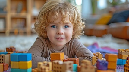 adorable child using brightly colored wooden block toys.