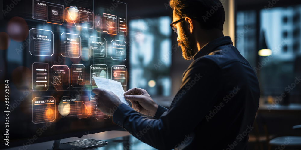 Poster focused professional completing tasks on a high-tech virtual checklist interface with transparent di