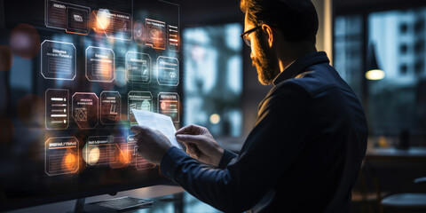 Focused professional completing tasks on a high-tech virtual checklist interface with transparent digital screens, enhancing productivity and organization