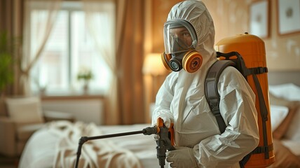 An anonymous pest control professional donning a safety gear squirts insecticide in the bedroom.