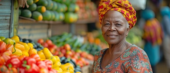 An elderly African woman selecting fresh fruits and vegetables at a busy outdoor farmers market.