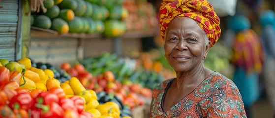 Poster An elderly African woman selecting fresh fruits and vegetables at a busy outdoor farmers market. © Sawitree88