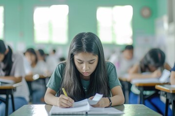 High school students undergo stressful classroom exams. - obrazy, fototapety, plakaty