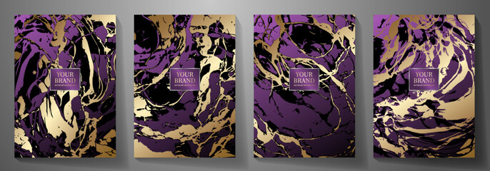 Premium abstract cover design set with gold and purple luxury background for cover design, invitation, poster, flyer, wedding card, luxe invite, prestigious voucher, catalog, brochure. Grunge covers
